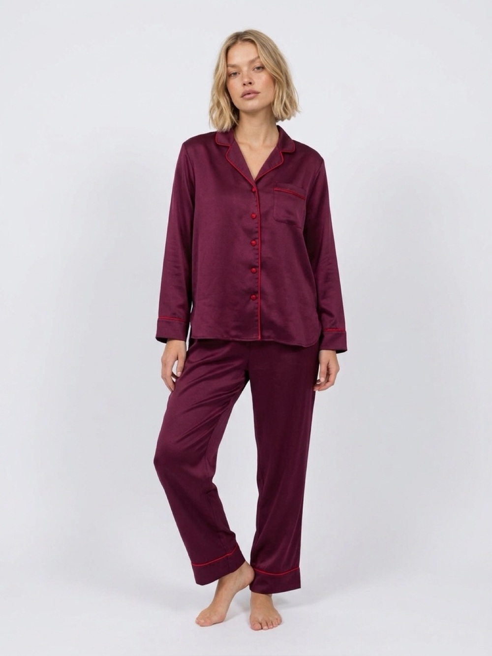 Ann Taylor Silky Satin-Style Burgundy Pajama Set with Red Trim Medium